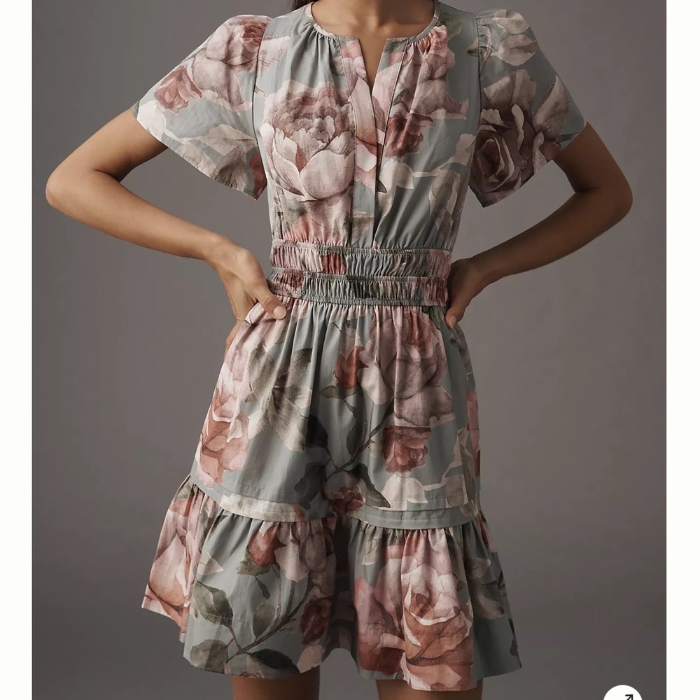 NWT Anthropologie The Somerset Mini Dress, Grey & Pink Floral, XL